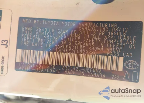 2013 Toyota Corolla Le z USA, uszkodzony, nr VIN 2T1BU4EE3DC929880